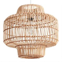 a light that is made out of wicker and hanging from a ceiling lamp fixture