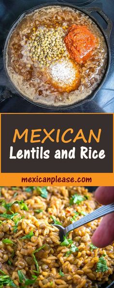 mexican lentils and rice in a skillet with the title text overlay reads mexican lentils and rice