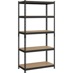 an empty shelving unit with four shelves on each side and one shelf above the other