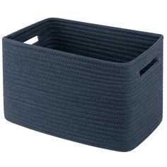 a large blue basket with handles on the bottom is shown in front of a white background