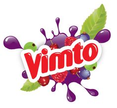 the word vimto is surrounded by berries and leaves, with purple liquid splashing on