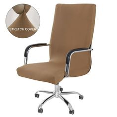 a brown office chair with chrome base and arm rest