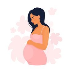 a pregnant woman in a pink dress is holding her stomach