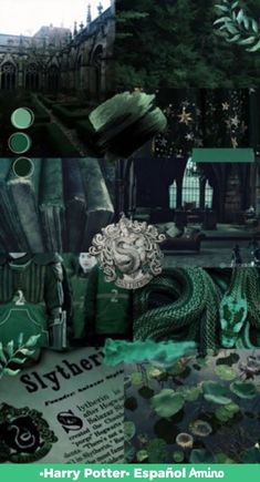 a collage of green and black images with trees, water lilies, and other things