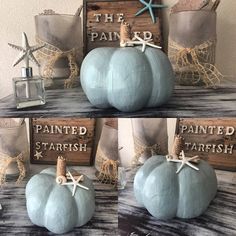 some blue pumpkins are sitting on top of a shelf with seashells and starfish