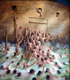 a painting of people swimming in the water