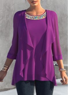 Color:Purple;Size:S;Size:M;Package Contents:1 X T Shirt;Occasion:Staycation;Style:Casual;Composition:100% Polyester;Washing Instructions:Hand Wash;Clothing&apos;s Length:Long;Neckline:Round neck;Pattern Type:Patchwork;Sleeve&apos;s Length:Three Quarters Sleeve;Color Scheme:Purple;Season:Spring;Decoration:Hot Drilling; Womans Tops, White Chiffon Blouse, Stylish Tops For Women, Plaid Shirt Women, Trendy Tops For Women, Purple Outfits, Trendy Fashion Tops, Purple T Shirts, Stylish Blouse