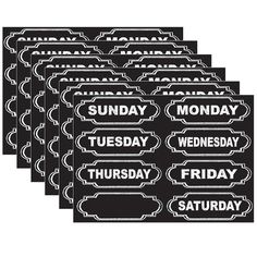 six black and white stickers with the words sunday, wednesday, friday and saturday