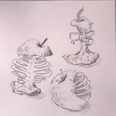 three different types of fruit are shown in this drawing, one is an apple and the other has a skeleton