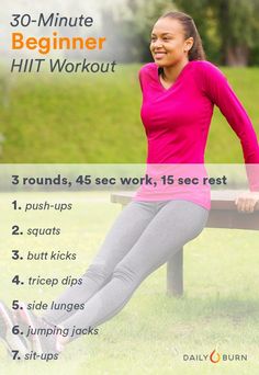 a woman sitting on top of a bench with her legs crossed and the words, 30 - minute beginer hiit workout