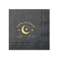 a napkin with the words stephen and taylor on it, in gold foil lettering over a black background