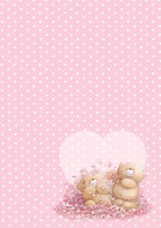 two teddy bears sitting next to each other in front of a heart shaped wallpaper