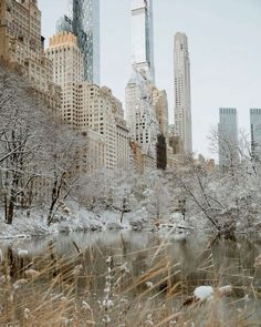 the city skyline is covered in snow and ice as it sits next to a lake