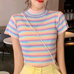 Pastel Color Rainbow Stripe Knit Top sold by Violetlace Boutique on Storenvy Aesthetic Clothes Pastel, Cute Sweatpants, Pastel Outfit, Crop Top Sweatshirt, Striped Turtleneck, Ribbed Crop Top, Forever21 Tops, Crop Top Sweater, Harajuku Fashion