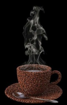 steaming coffee in a brown cup and saucer on a black background with steam rising from the top