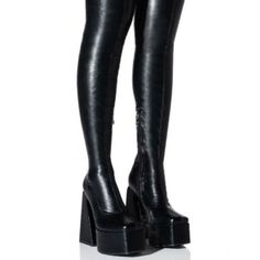 Make Your Move In The Azalea Wang " The Ultimate Strut Stretch "This Way Thigh High Platform Boot In Black. This Thigh High Boot Features An Ultra-Chunky Heel, A Platform Base, A Slightly Squared Toe, A Faux Leather Upper, And A Tonal Inner Ankle Zipper Closure. - Faux Leather Upper - Slightly Squared Toe - Chunky Heel - 25” Shaft Height - 14" Calf Circumference (With Additional Stretch From Material) - 5.5” Heel Height - 2” Platform Height Leather Boots Reference, Black Leather Platform Boots, Azalea Wang Shoes, Y2k Platform Boots, Knee High Platform Boots Outfit, Thigh High Heels Outfit, Boot Heels Outfit, Shoe References, Platform Thigh High Boots