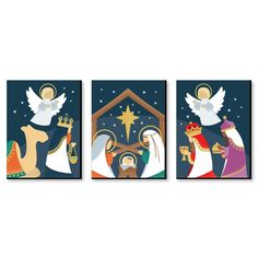 three pictures of christmas nativity with the birth of jesus