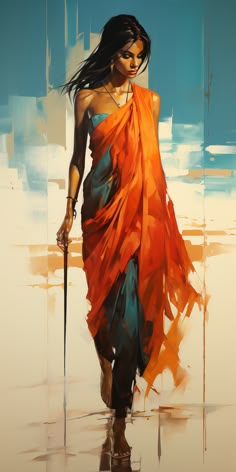 a painting of a woman in an orange and blue dress holding a stick with her left hand