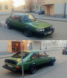 two pictures of cars parked on the side of the road, one is green and the other is black