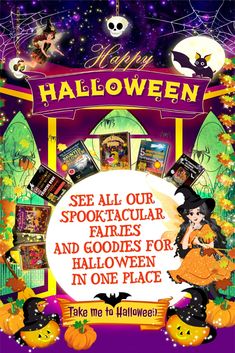 an advertisement for halloween with pumpkins and witches on the front, and a sign that says