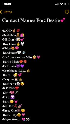 a black background with many different emoticions on the bottom right corner and text that reads contact names for bestie