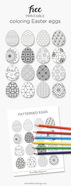 an easter egg coloring page with colored pencils in front of it and the text, free