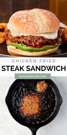 chicken fried steak sandwich in a cast iron skillet