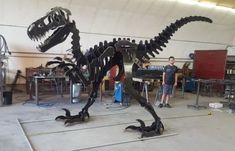 a man standing next to a large dinosaur skeleton