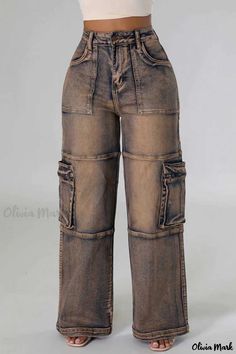 Olivia Mark - High-Waisted Straight Denim Jeans with Patchwork Detail and Functional Pockets Denim Style Casual, Straight Denim Jeans, Style Overalls, Work Jeans, Overalls Pants, Straight Leg Denim, Jeans Online, Pants Design, Cut Work