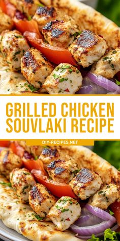 grilled chicken souvlaki recipe on a plate with tomatoes and onions