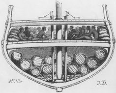 an old drawing of a ship with people on it