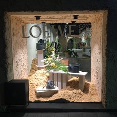 a store window display with shoes and flowers in the front, surrounded by fake sand