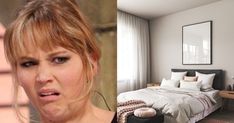 a woman is making a face next to a bed