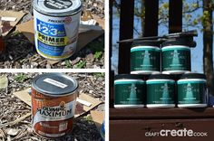 several different pictures of various cans of paint