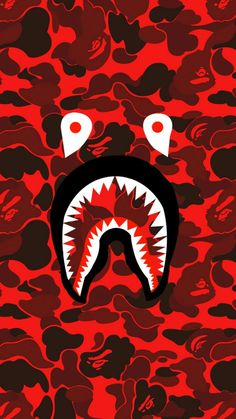 a red camo background with a shark's mouth