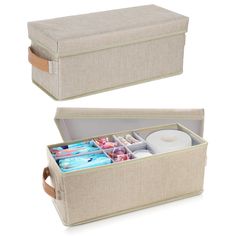 two canvas storage boxes filled with toiletries and other household care items on white background