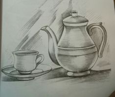 a drawing of a teapot and cup sitting on a table next to each other