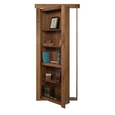 a tall wooden book shelf with books on it's sides and two shelves below