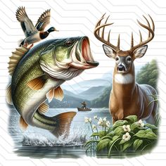 an image of a fish and a deer in the water with birds flying around it