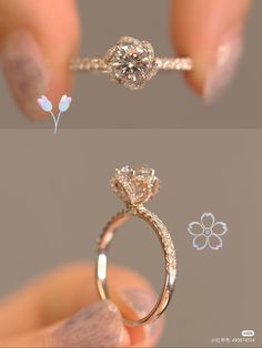 two different views of a diamond ring being held by someone's hand with their fingers