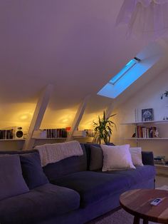 a living room filled with furniture under a skylight