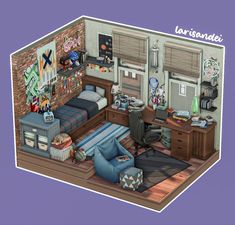 this is an image of a bedroom in the style of cartoonism with furniture and decor