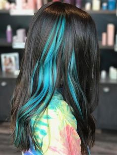 Bright Blue Highlights In Brown Hair, Hair Dye Section Ideas, Teal Highlights In Brown Hair, Pops Of Color Hair, Blue Hair Color Highlights, Jj Hair, Blue Peekaboo Highlights, Blue Hairstyles