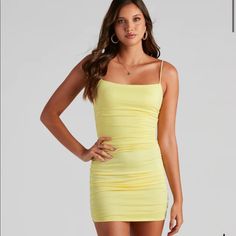 New, Never Worn Dress From Windsor It Is Adjustable Since The Sides Are Cinched It’s A Small But Can Fit A Medium Because It Is Stretchable Casual Mini Bodycon Dress With Ruched Back, Yellow Slip Dress, Yellow Hoco Dress, Black And Silver Dress, Sorority Recruitment Outfits, Recruitment Outfits, Bold Dresses, Windsor Dresses, Mini Sundress