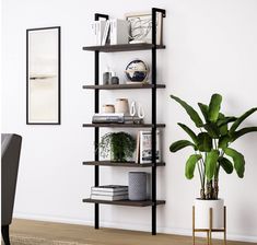 a living room with a chair, plant and bookshelf on the wall in front of it