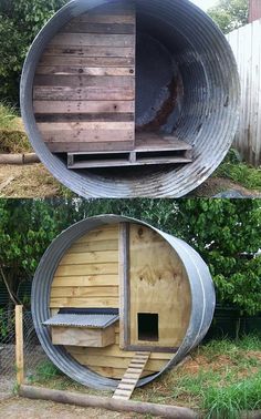 two pictures side by side one shows a barrel and the other shows a cat house