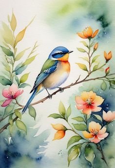 a painting of a bird on a branch with flowers