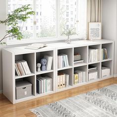 a white book shelf with books on it in front of a window and a potted plant