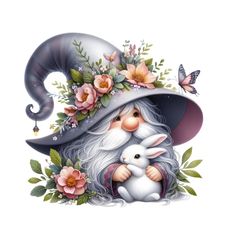 a painting of a gnome holding a bunny in his lap and wearing a hat with flowers on it