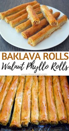 bakalava rolls on a white plate with text overlay